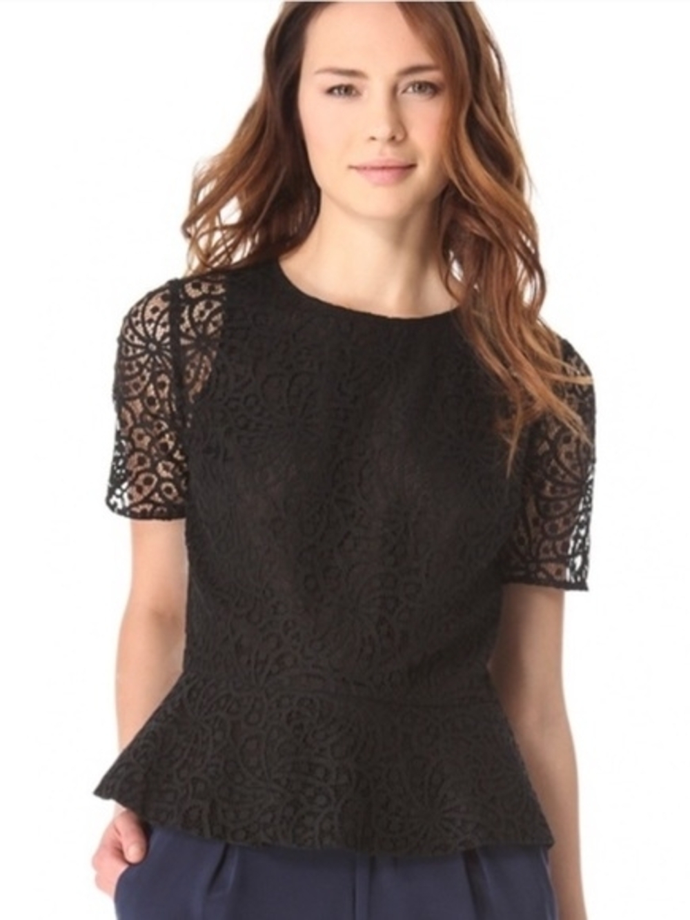 Club Monaco Black Lace Peplum Top with Short Sleeves Size Medium